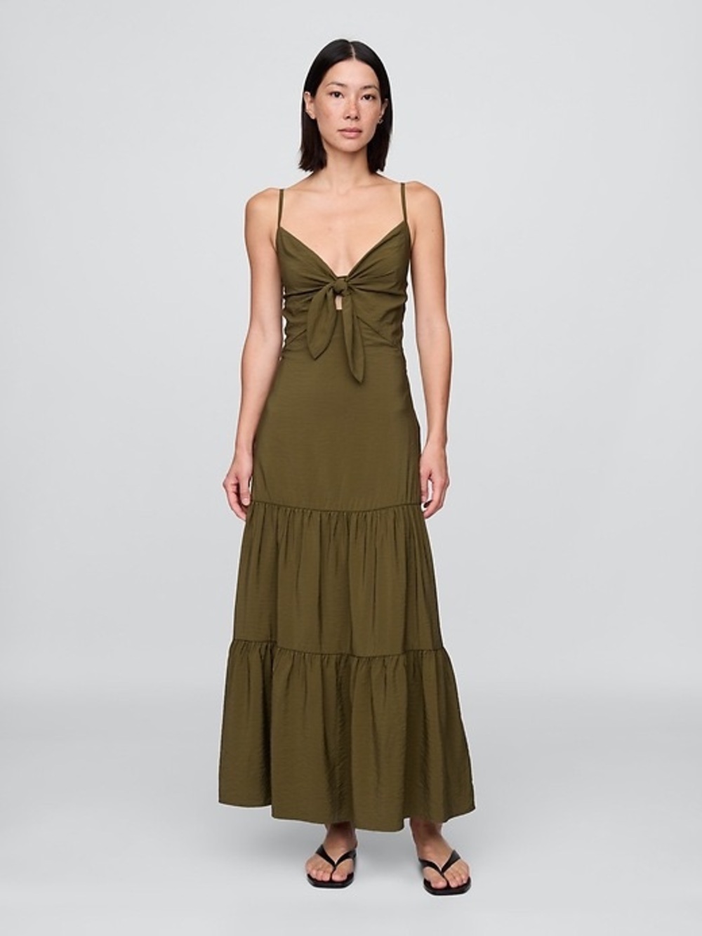 GAP Olive Tie-Front Tiered Maxi Dress